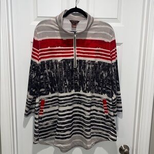 MULTIPLES women’s tunic 3/4 long sleeves zip pullover red black Wearable art XL
